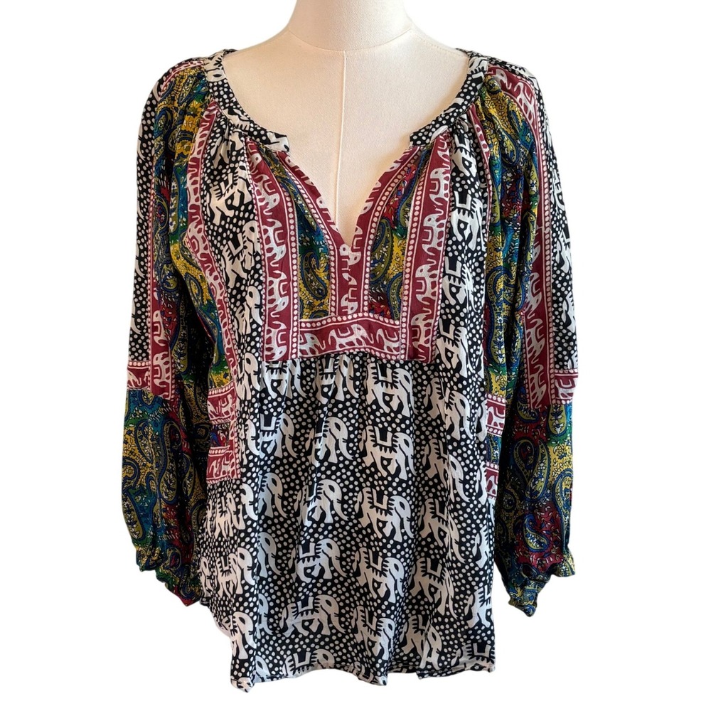 Tolani 100% Silk Blouse Colorful Elephants Gypsy Boho Womens M V-Neck Tunic